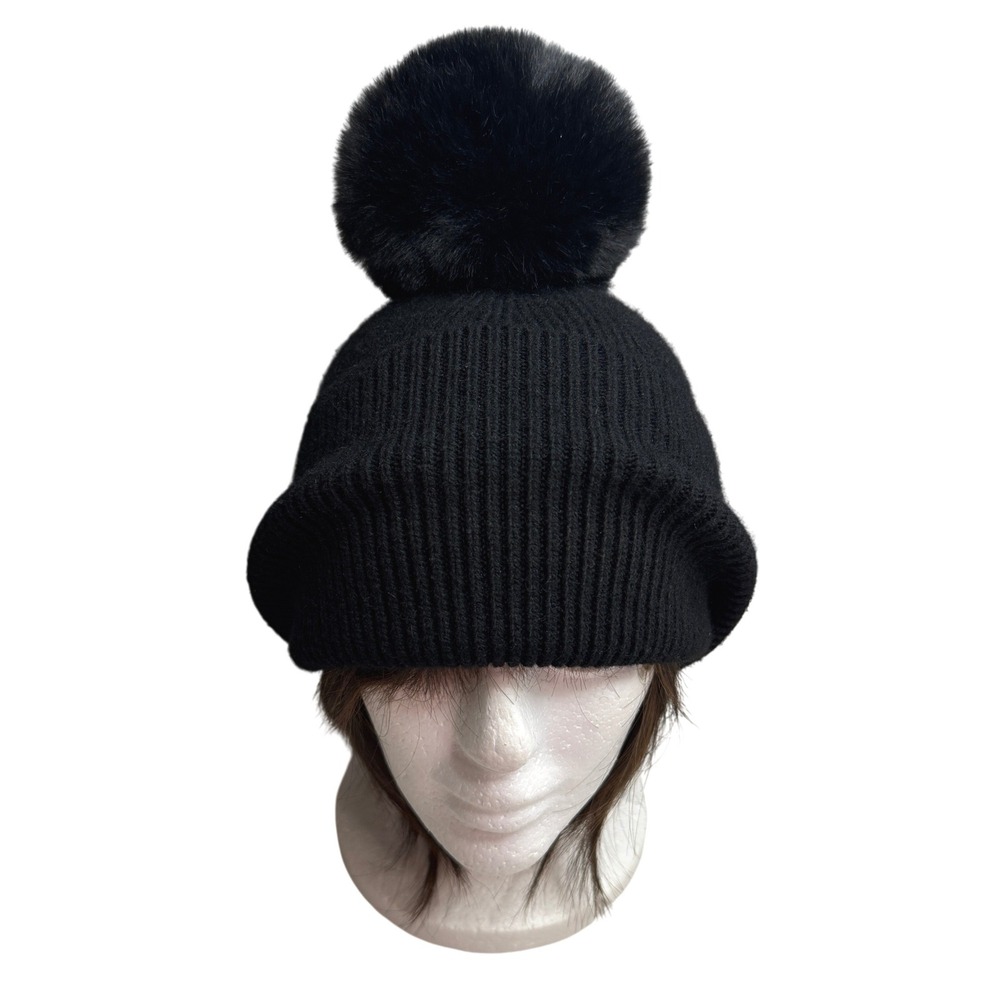 Anthropologie Black Alpaca Wool Blend Ribbed Beanie Detachable Pom Pom Hat